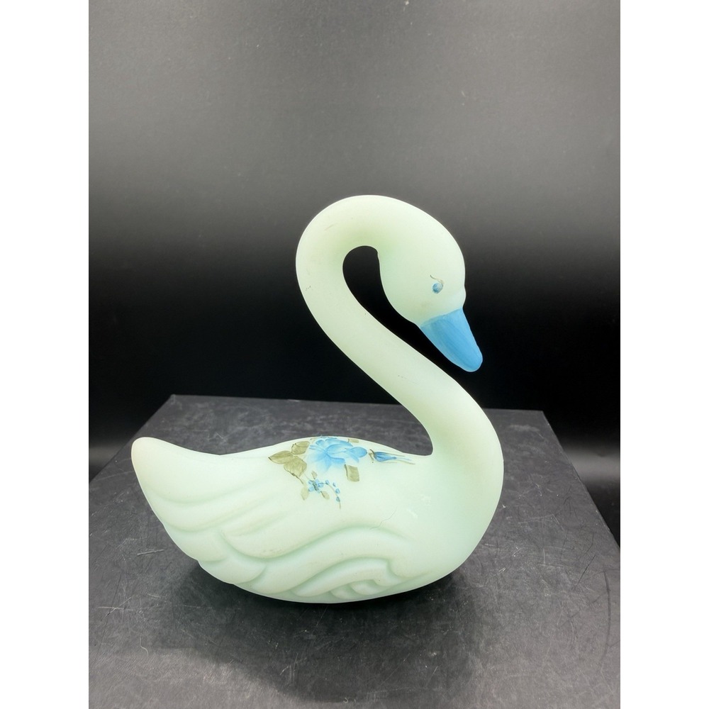 Fenton Blue Satin Glass Swan – Hand Painted Figurine 🖌️✨